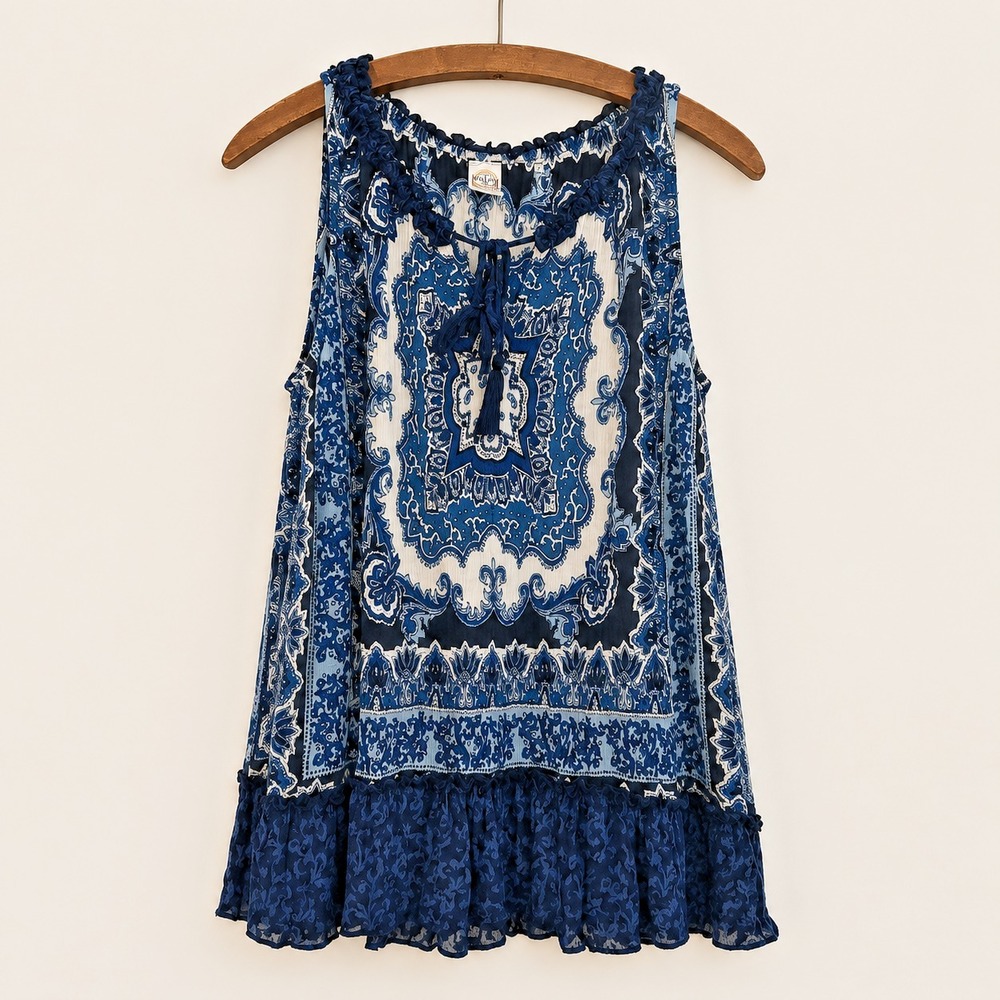 Bila Blouse Womens Size L Sleeveless Blue Print Flowy Boho Festival Indie